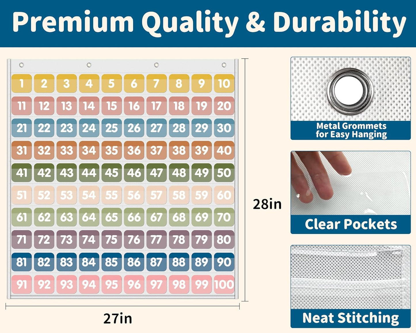 Yoink 100 Pockets Number Chart with 120 Double-Sided Number Cards, Boho Hundred Pocket Chart for Classroom Homeschool Teachers Kids Learning, Pink