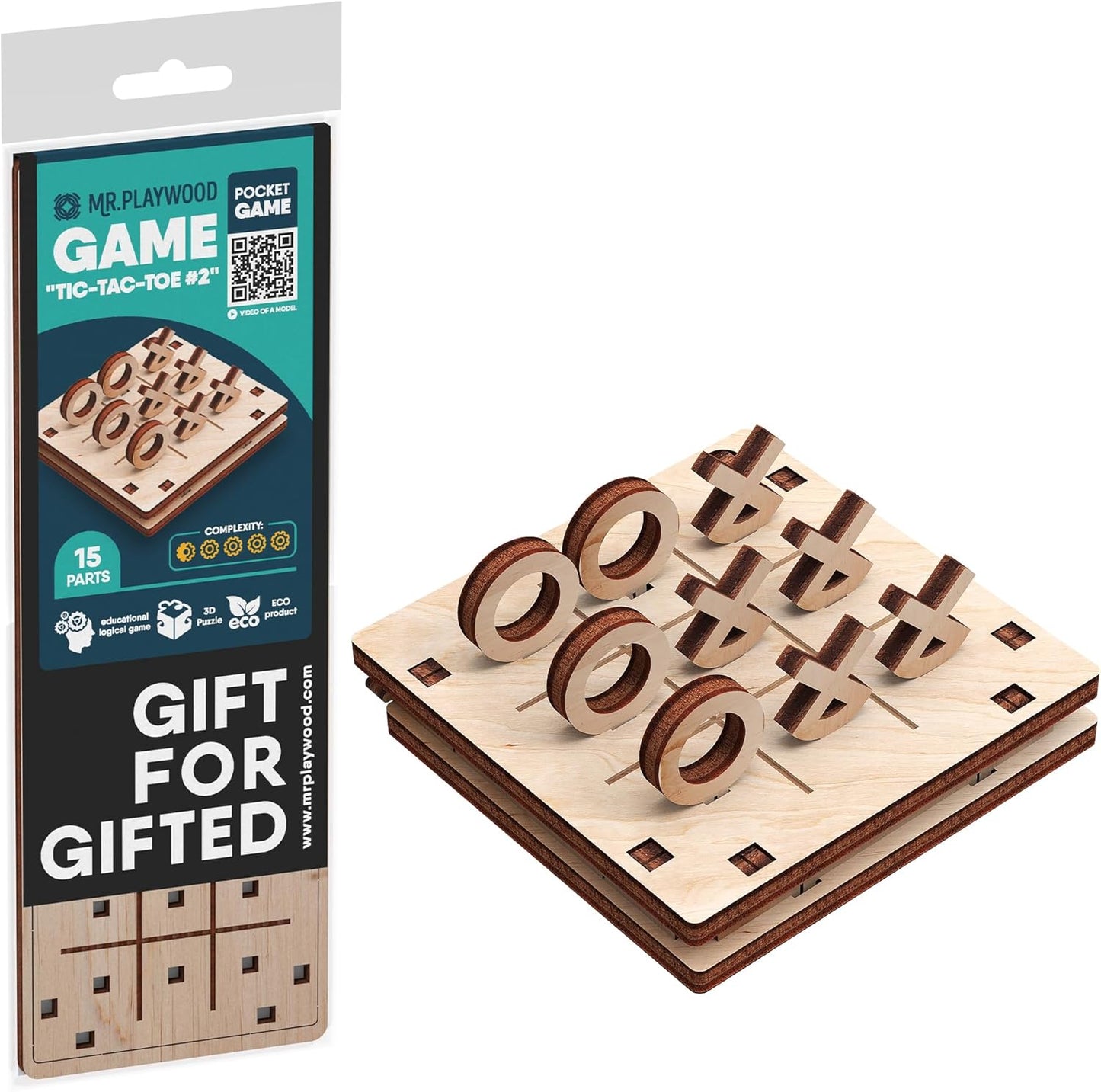 -Wooden Tic Tac Toe Game - 3D Mechanical Wood Model Board Games - Portable Pocket Size Travel Game for Kids & Adults - Coffee Table Games & Home Decor - 15 Piece DIY Logic Puzzle