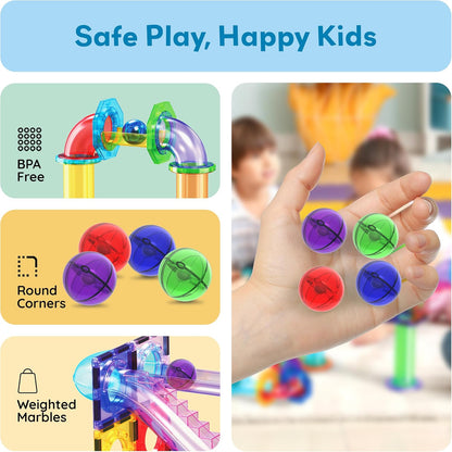 PicassoTiles 70pc Marble Run Magnetic Tiles STEM Set for Kids Ages 3 and Older Magnet Tile Marbles Maze Building Blocks Brain Development Toy Preschool Educational Learning Construction Playset PTG70