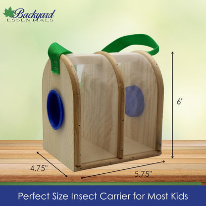 Wooden Bug Box for Kids, Dual Chamber Insect Habitat with Nylon Carrying Strap