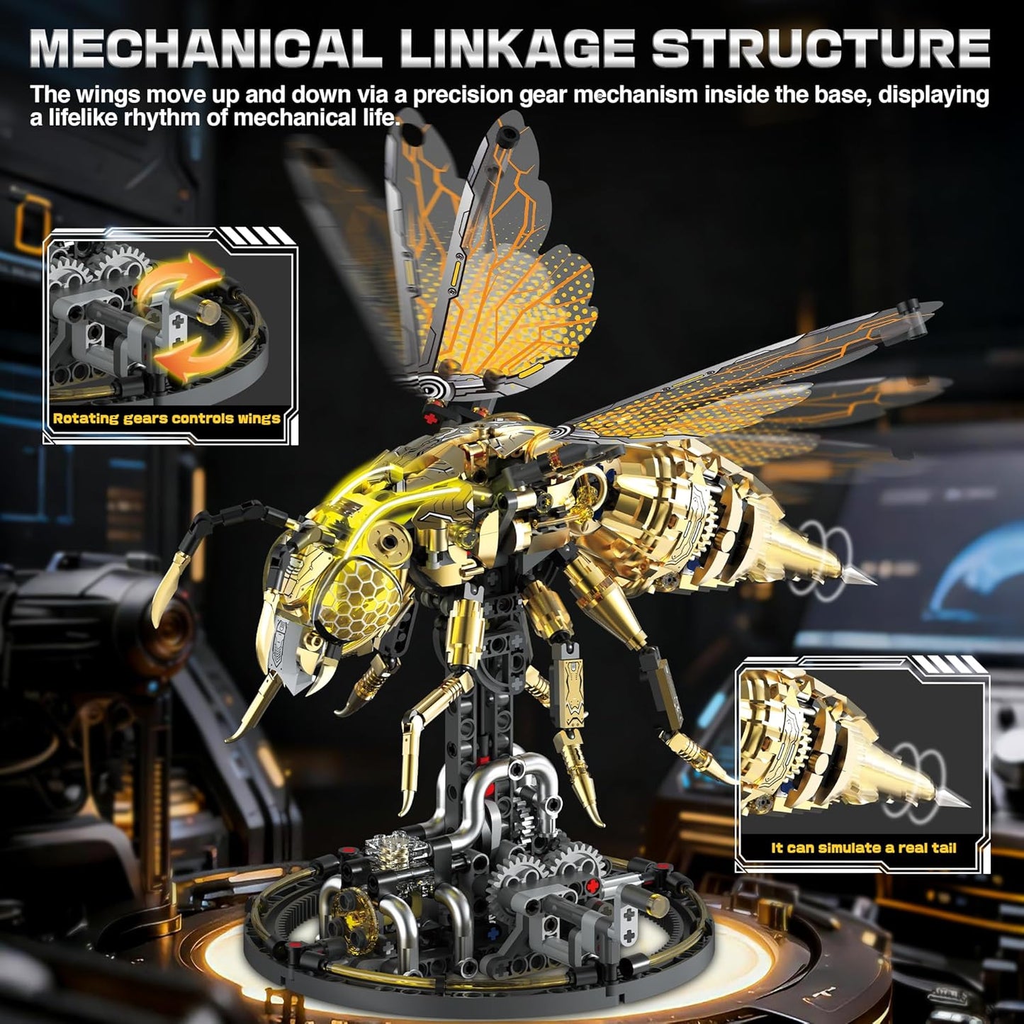 Mechanical Bee Building Set for Adults, Technic Animal Building Block Insect Model with Lights & Moving Wings, Golden Robot Bee Collectible Toy Kit, Creative Display & Gift Idea, 832Pcs