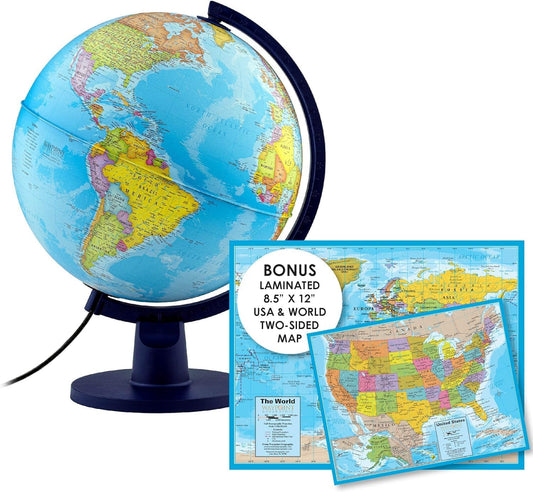 Waypoint Geographic Scout+ Illuminated With Map, World Globe for Kids, Decorative Classroom Globe with Stand, More than 4000 Places, 12” Interactive, Bonus Map Included, Blue