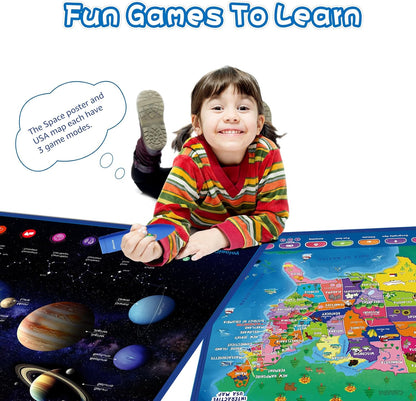 Bilingual Interactive Solar System Poster for Kids – Educational Talking Space Poster for Kids Aged 3-12, STEM Learning Toy, Ideal for Classroom & Home, Space-Themed Wall Decor