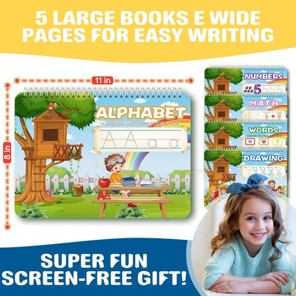Magic Grooved Writing Practice for Kids Ages 3-8 – Large 11.2"x7.5" Reusable Handwriting Workbook (5 Books) – Preschool Learning Activities, Kindergarten Educational Tracing Toys for Boys & Girls