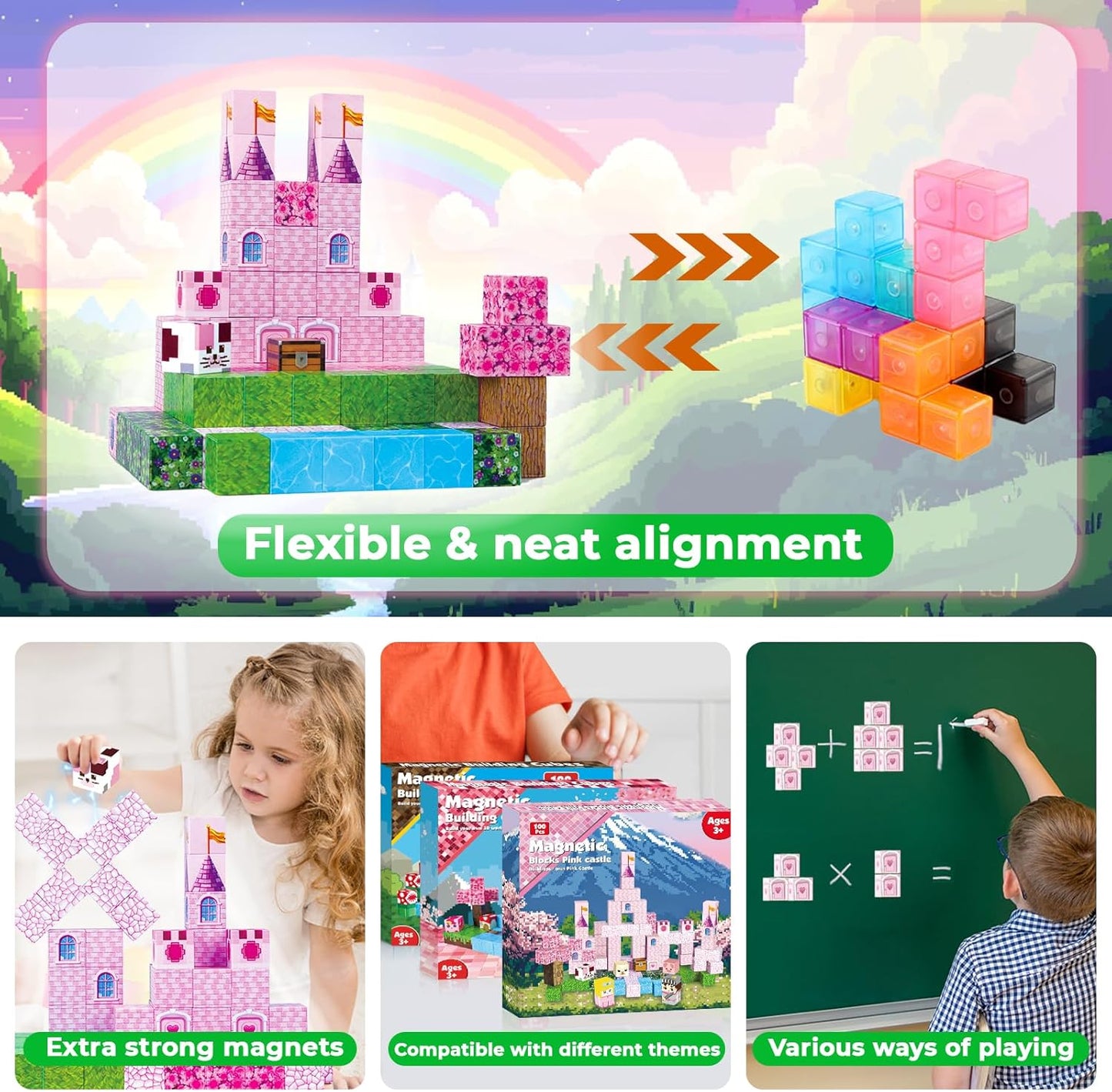 Annexfun Magnetic Blocks - 100PCS Building Blocks Unicorn Cubes - Toys for Montessori Toddler Christmas Birthday Gifts - STEM Sensory Toys for 3 4 9 10 Year Old Girl