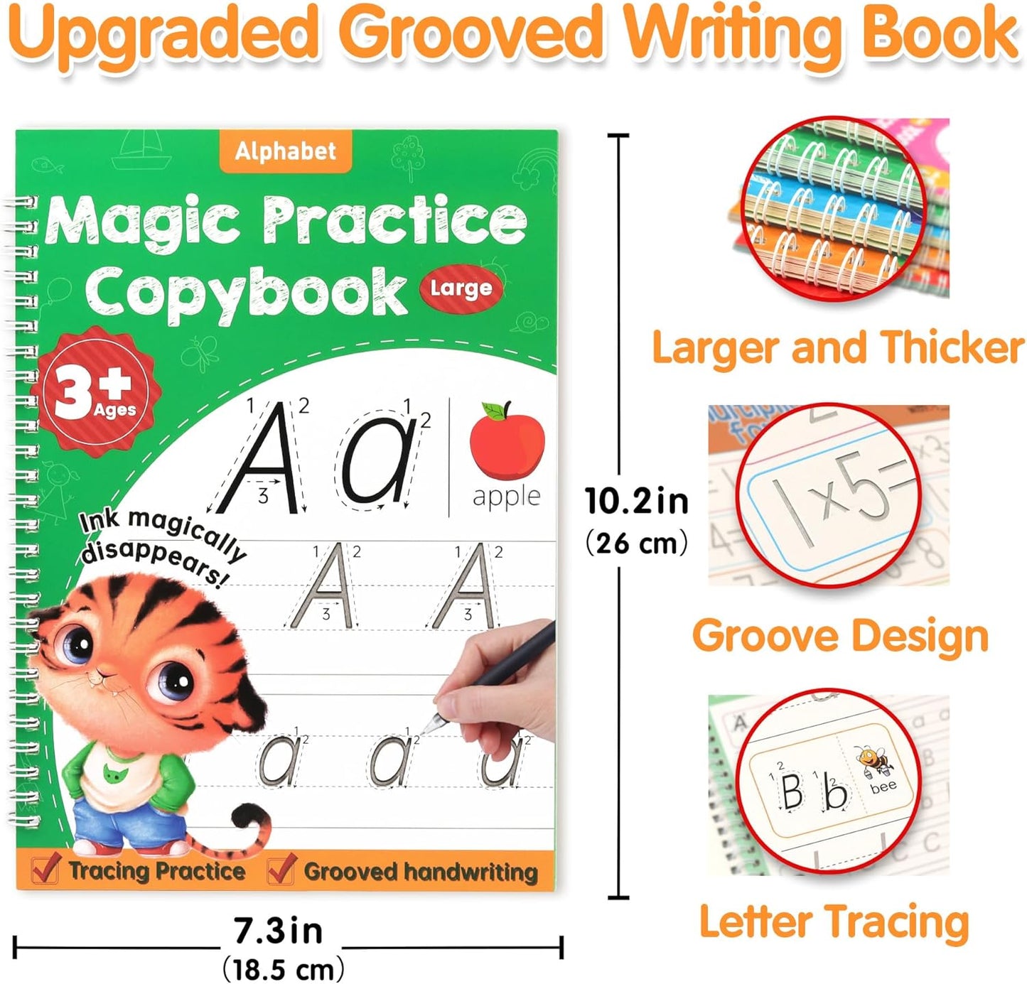 Helsort Large Magic Grooved Practice Copybook for Kids, Reusable Grooved Handwriting Workbook, Learn to Write Number Letter Tracing for Kids Ages 3-8 Kindergarten Preschool Calligraphy 10.2×7.3"