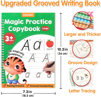 Helsort Large Magic Grooved Practice Copybook for Kids, Reusable Grooved Handwriting Workbook, Learn to Write Number Letter Tracing for Kids Ages 3-8 Kindergarten Preschool Calligraphy 10.2×7.3"