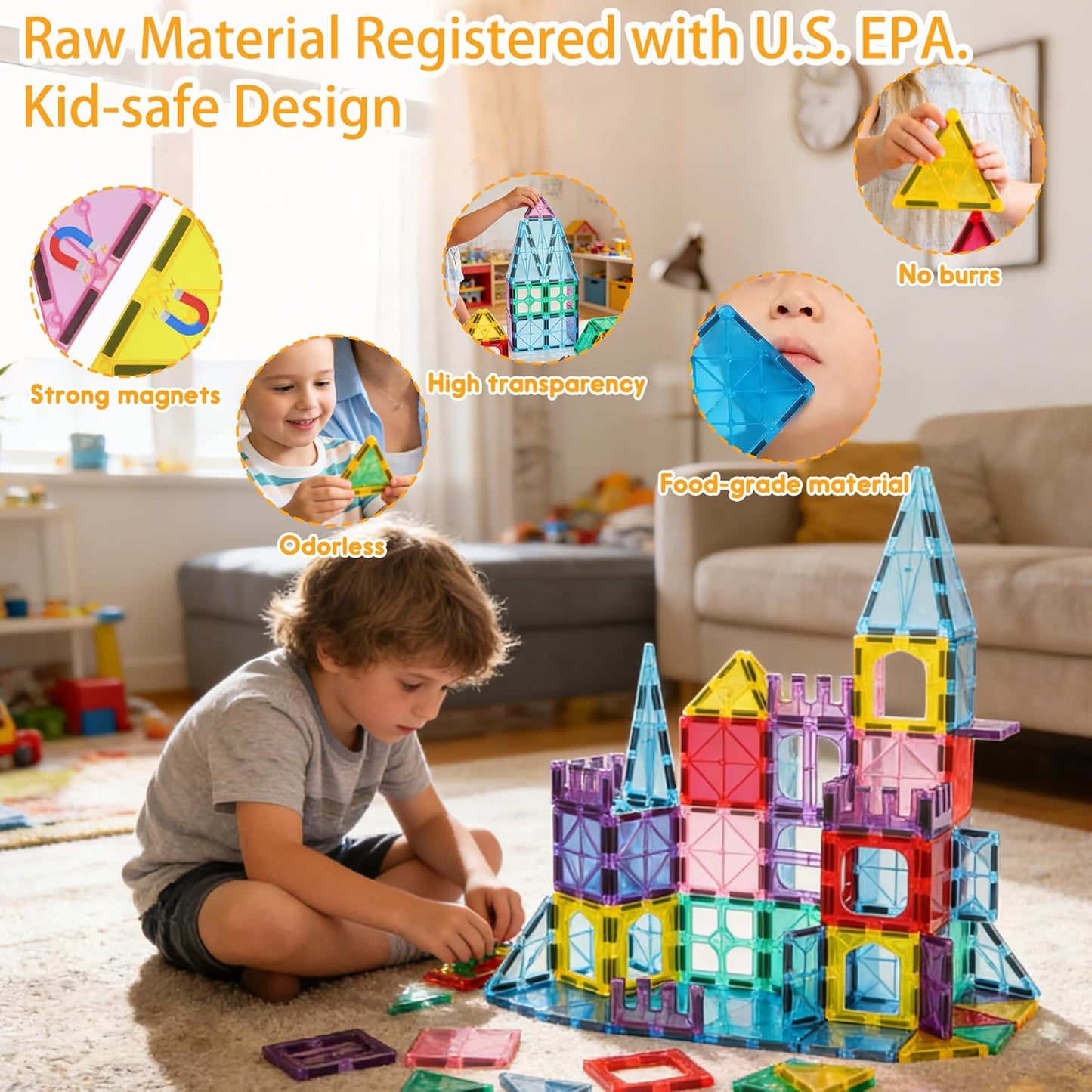 Upgraded Antibacterial Magnetic Tiles - 106 PCS Magnet Building Tiles with 2 Cars for Kids, Inhibits Bacterial Growth for Safe Play, 3D STEM Educational Construction Blocks & Xmas Gift