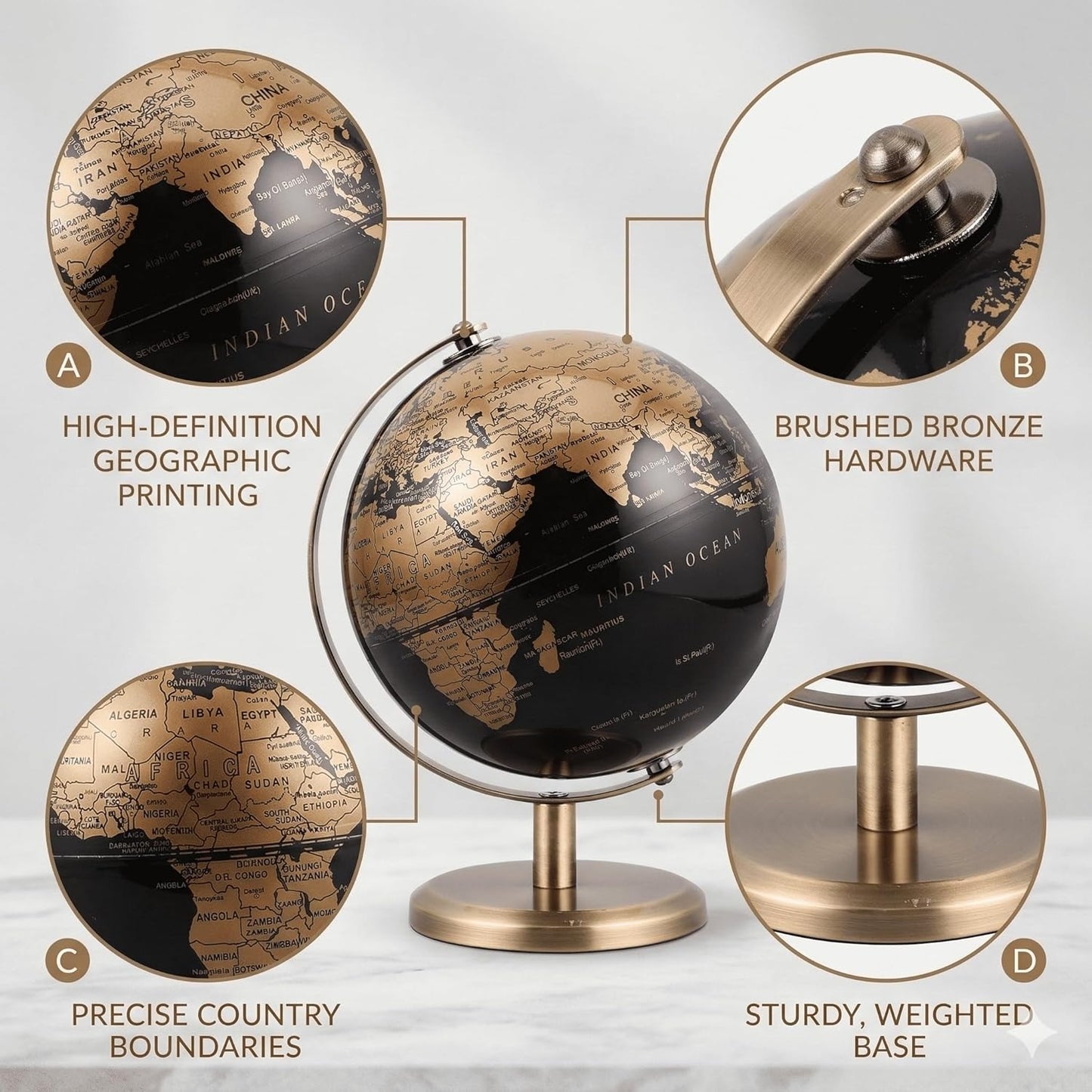 6 Inch Small World Globe with Antique Bronze Stand Black Gold Earth Desktop Decor for Kids & Adults Geography Learning Globe for Home Office Classroom