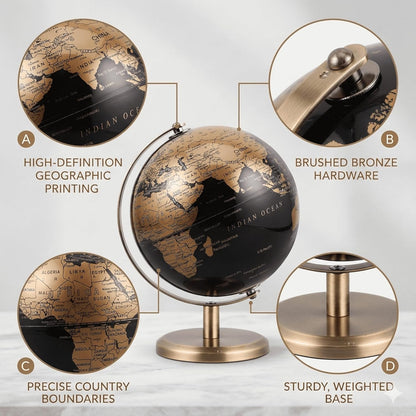 6 Inch Small World Globe with Antique Bronze Stand Black Gold Earth Desktop Decor for Kids & Adults Geography Learning Globe for Home Office Classroom
