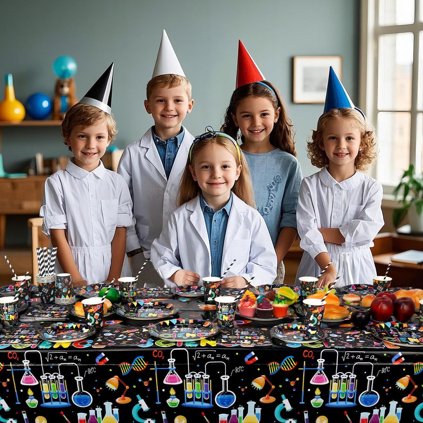 Science Party Supplies, Includes Plates, Tablecloth, Cups, Straws, for Boy Girl Scientist Lab Decoration Serves 20 Guests