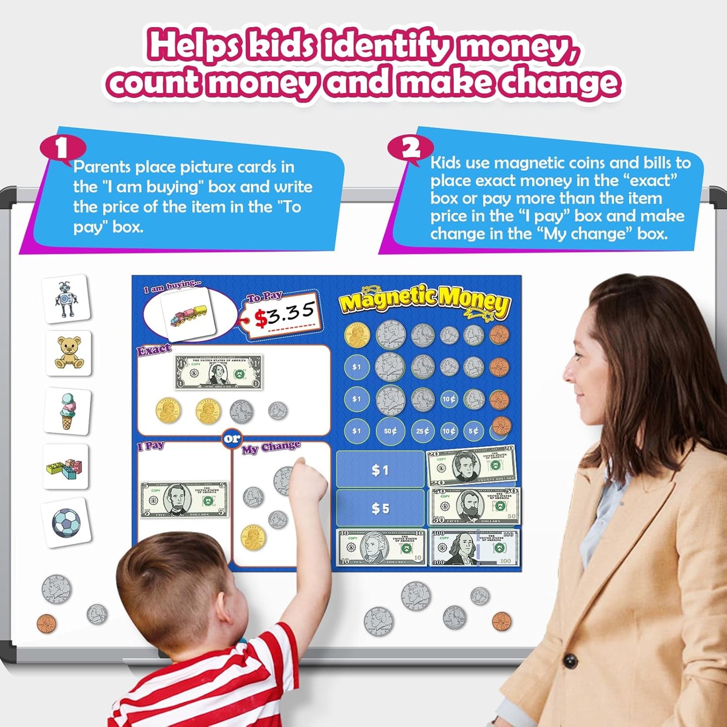 Kasfalci 60 PCS Magnetic Money for Kids for Learning, Math Manipulatives, Learning & Education Toys for Classroom, Pretend Play, Math Games for Toddler, Teacher and Homeschool Supplies