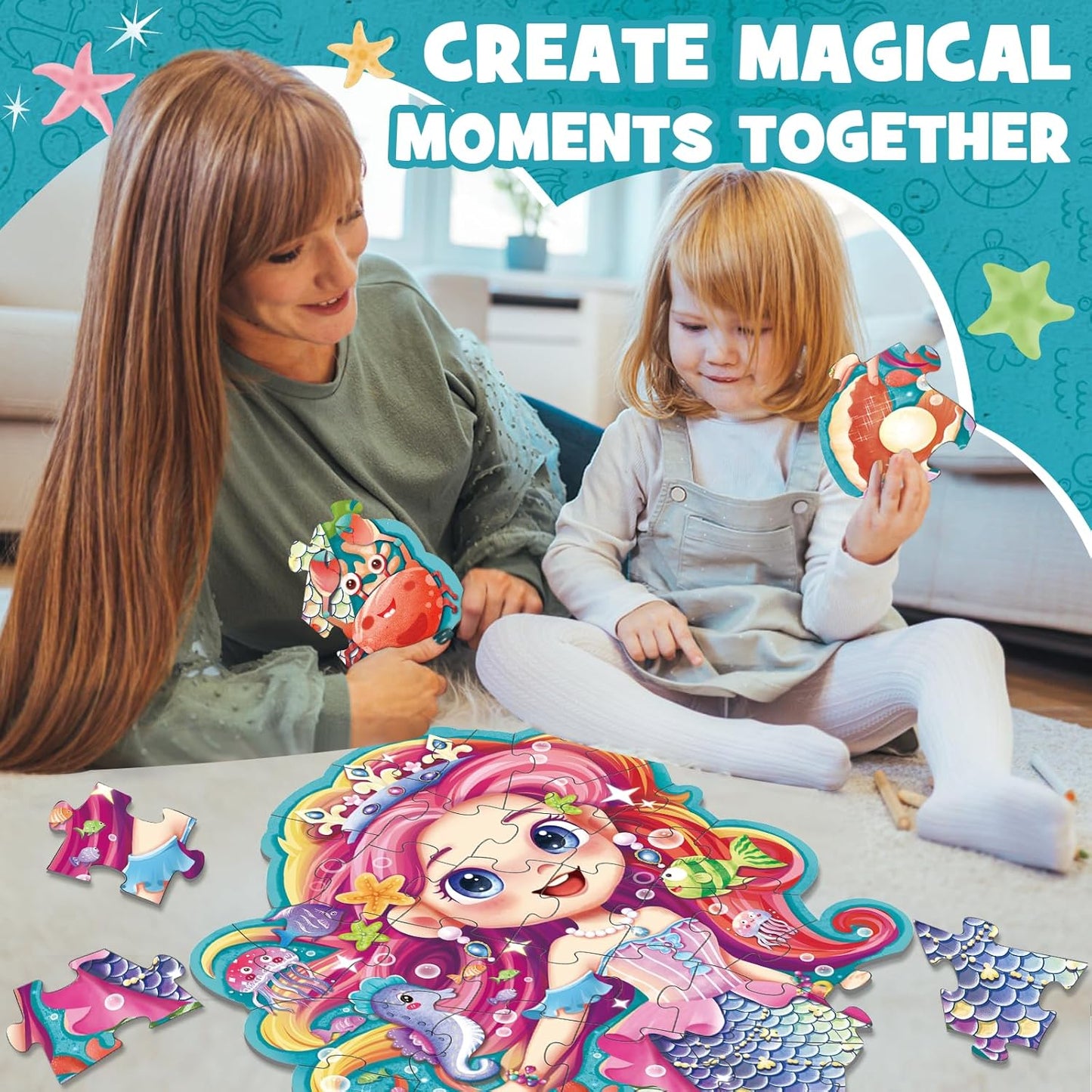 Mermaid Gifts for Girls, 45PCS Jumbo Memarid Floor Puzzle for Kids Age 3-5 Toddler Floor Puzzle Educational Learing Toys for Kids
