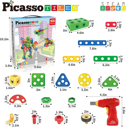 PicassoTiles 152pc STEM Construction Toy Building Set for Kids Ages 3+ Includes Power Drill, Ratchet, Idea Book, Storage Box Educational Engineering Science Kit & Sensory Toys for Boys & Girls PTN152