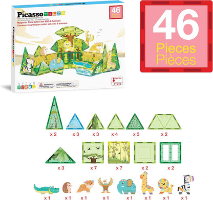 PicassoTiles Magnet Tiles Magnetic Building Blocks Aquarium Marine Animal Theme Set with 8 Character Action Figures Shark Crab Turtle STEM Toys Construction Preschool Toddlers Kids Boys Girls 3+ PTQ15