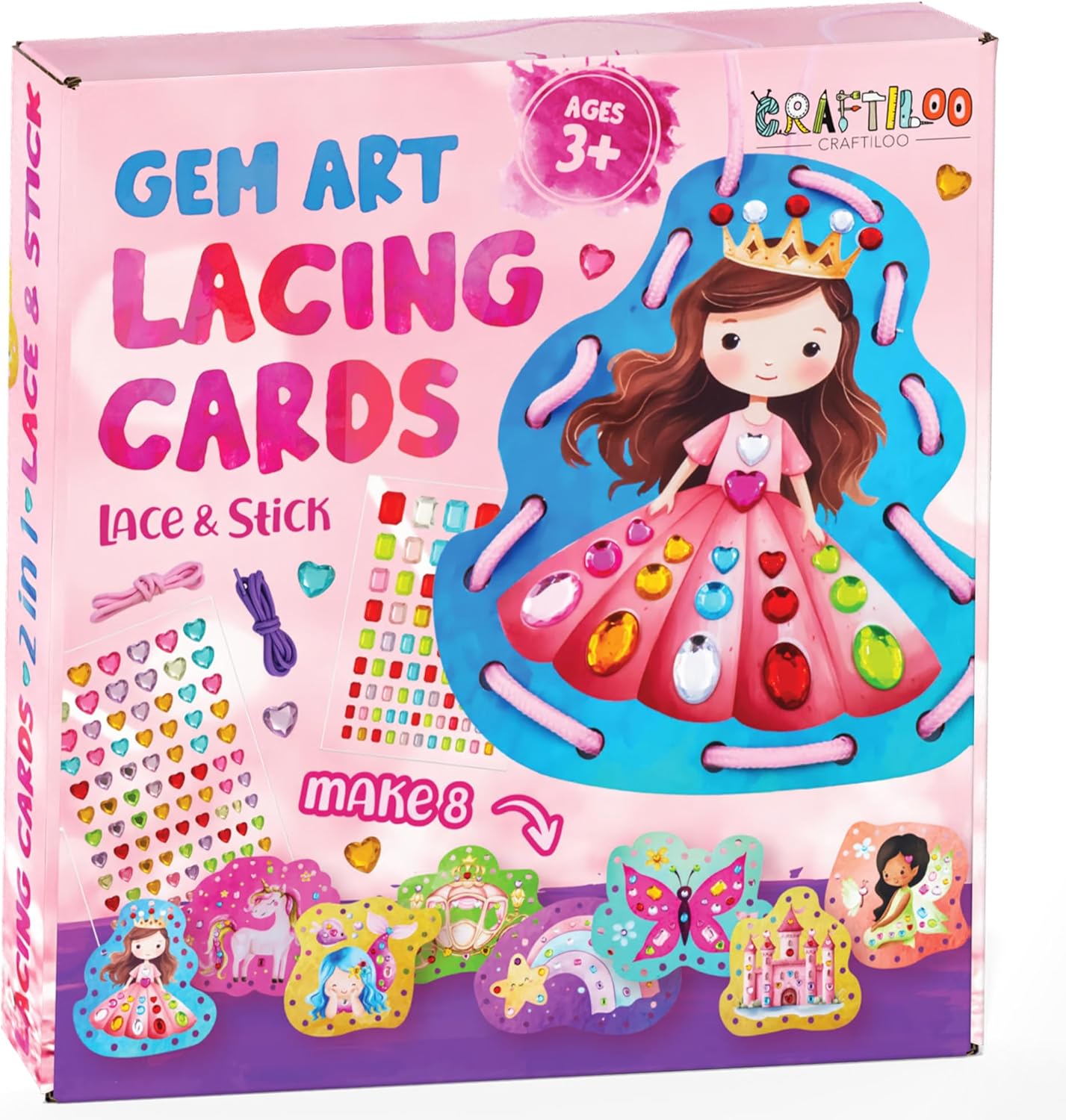 CRAFTILOO Lacing Cards for Kids Ages 3-5 - 8 Princess Sewing Cards with Gem Stickers, Toddler Lacing Toy, Fine Motor Preschool Threading Activity for Ages 4-8