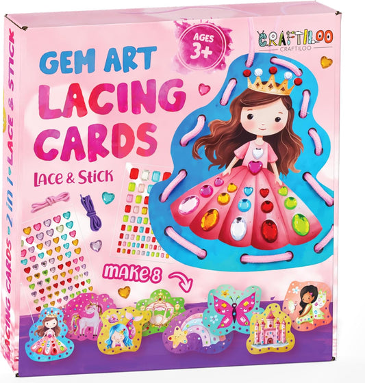 CRAFTILOO Lacing Cards for Kids Ages 3-5 - 8 Princess Sewing Cards with Gem Stickers, Toddler Lacing Toy, Fine Motor Preschool Threading Activity for Ages 4-8