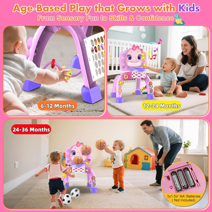 Dinosaur Kids Sports Play Toy: 4-in-1 Multifunction Indoor Outdoor Activity – Basketball Toss, Ring Throw, Ball Play & Music Lights to Improve Motor Skills, Birthday Gift for Boys Girls Age 1-3