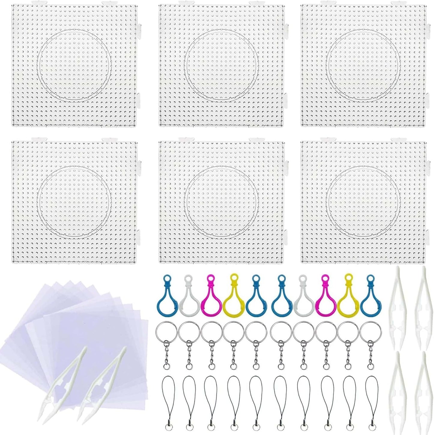 5 mm 6 Pack Fuse Beads Boards Allazone Large Round Square Clear Plastic Pegboards with 4 PCS White Beads Tweezers, 10 PCS Ironing Paper for Kids Craft Supplies
