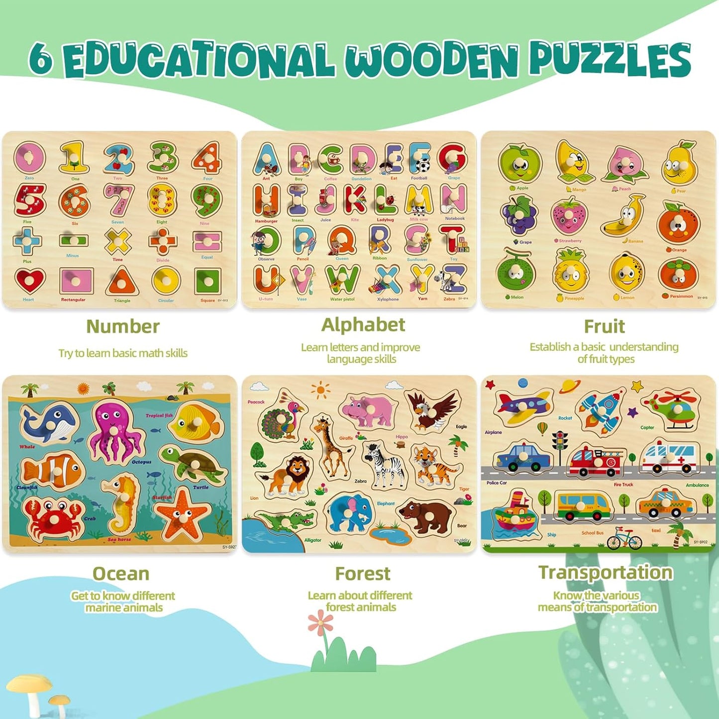 Wooden Peg Puzzles for Toddlers 2-4, 6 Pack Educational Peg Puzzles Montessori Toys, Learning Puzzles for Kids Girs Boys 1-3 3-5 with Alphabet Number Animal Vehicle Shape