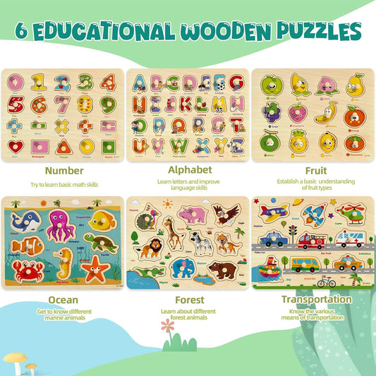 Wooden Peg Puzzles for Toddlers 2-4, 6 Pack Educational Peg Puzzles Montessori Toys, Learning Puzzles for Kids Girs Boys 1-3 3-5 with Alphabet Number Animal Vehicle Shape