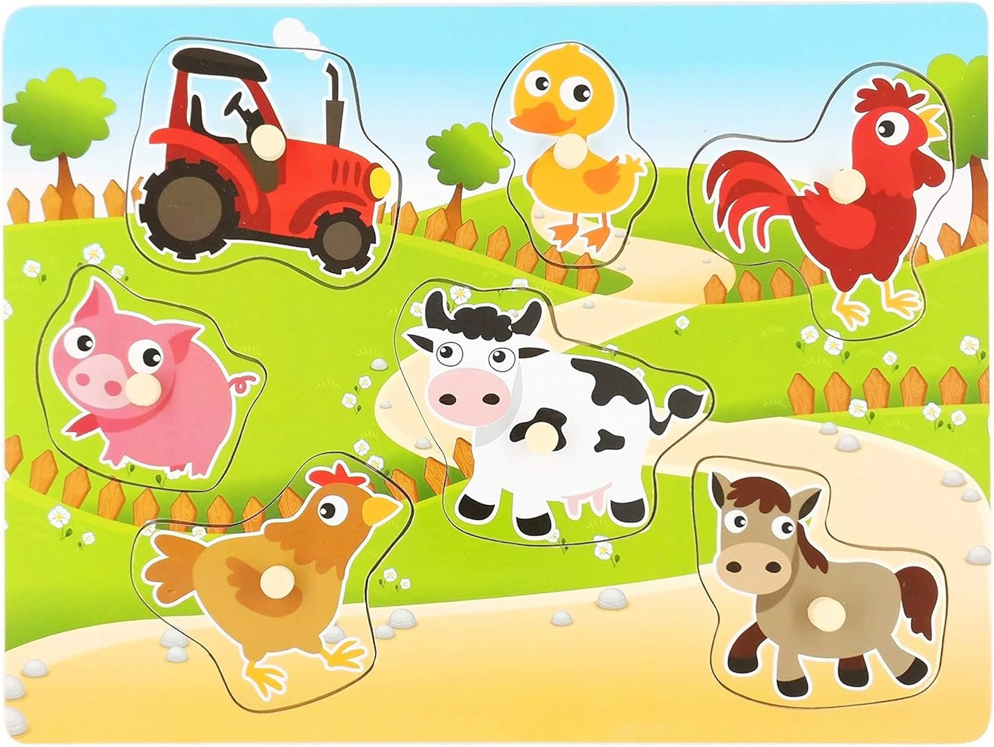 Wooden Puzzles Farm Chunky Baby Puzzles Peg Board, Full-Color Pictures for Preschool Educational Jigsaw Puzzles, 7Pieces