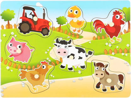 Wooden Puzzles Farm Chunky Baby Puzzles Peg Board, Full-Color Pictures for Preschool Educational Jigsaw Puzzles, 7Pieces