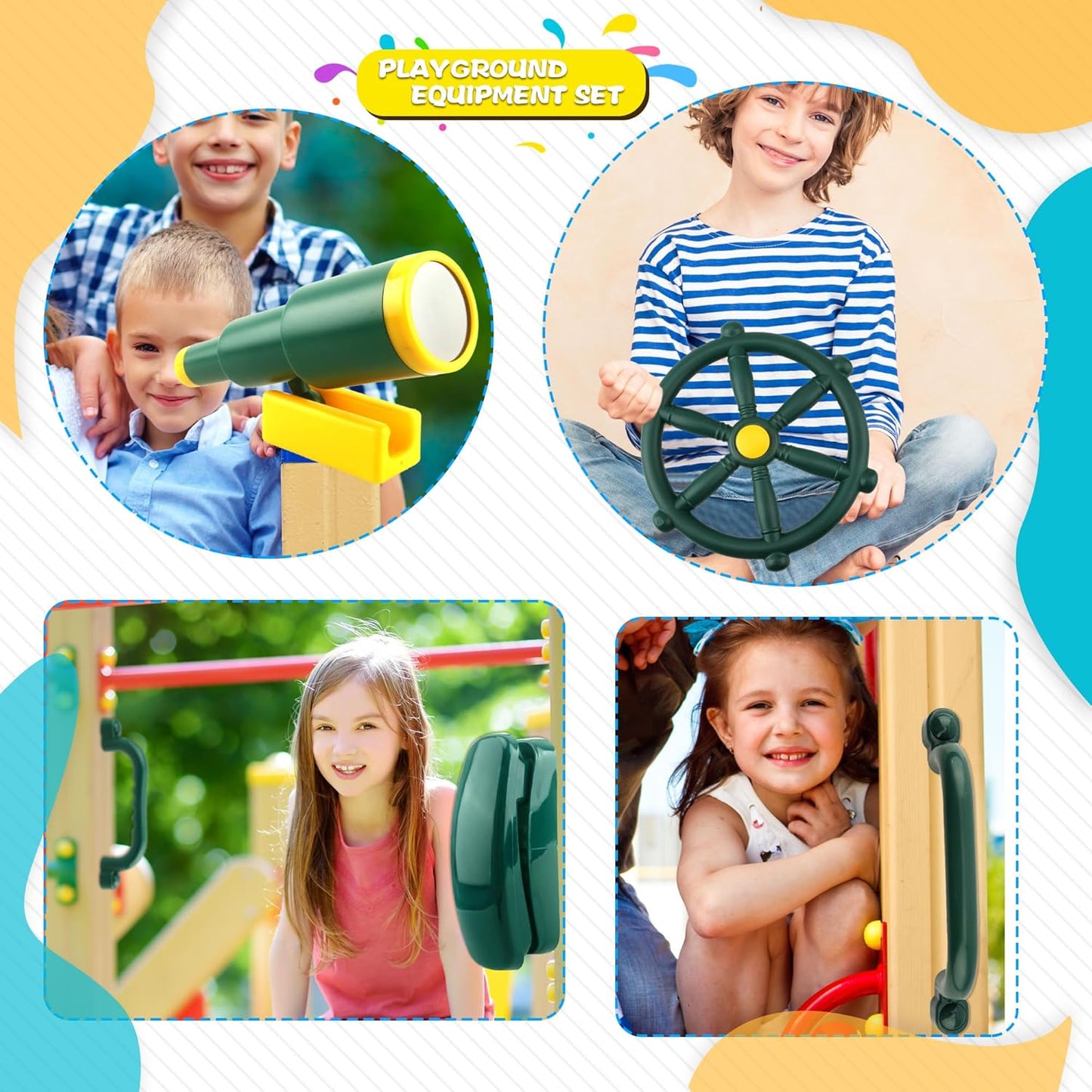 5 Pcs Kids Playground Accessories for Kids Outdoor Plastic Steering Wheel Swingset Phone Pirate Telescope Telephone Safety Handle for Child Backyard Tree House Playhouse Jungle Gym (Yellow Set 1)