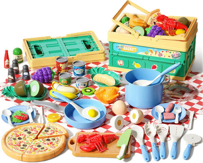 130Pcs Kitchen Playset, Toddler Pretend Cooking Play Pots, Pans, Utensils Cookware, Daily Food Fruit Veges, Shopping Storage Basket, Dessert, Prop Money, Learning Gift for Child (Pink)