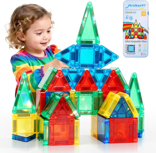 Mruikeny Mini Magnetic Tiles Travel Toddler Toys, Portable Travel Magnetic Tiles Kids Toys for 3 4 5 6 7 8+ Years Old Boys Girls, STEM Learning Magnet Blocks Birthday Chirstmas Gifts