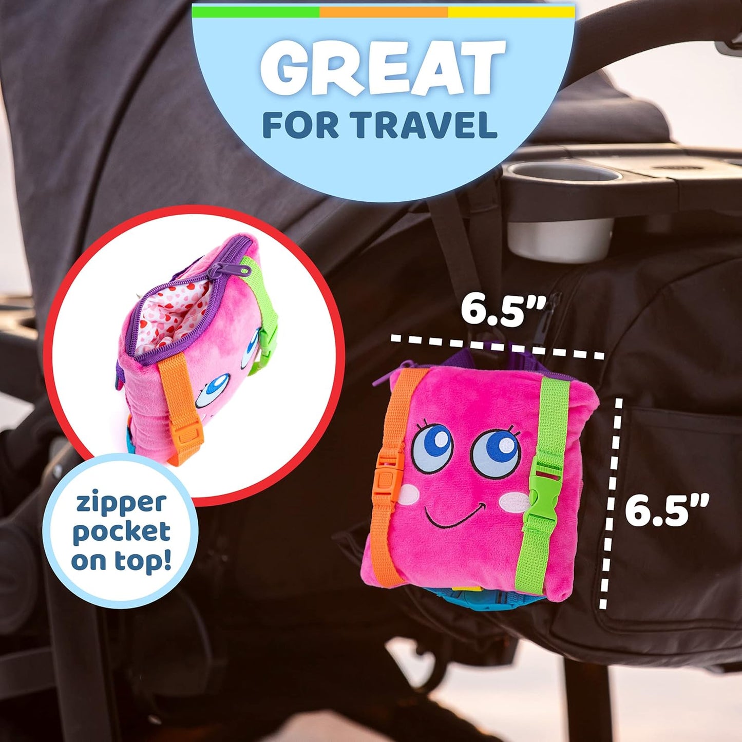 Buckle Toys - Bella Square - Learning Activity Toy - Develop Motor Skills and Problem Solving - Easy Travel Toy Perfect Car Travel Accessories for Long Trips