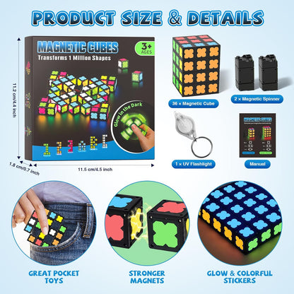 Magnetic Fidget Spinner Mini-38 Blocks, Glow Magnet Cube & Transformable Fidget Spinner & Infinity Cube & 3x3x3 Cube-4 in 1 Toy, STEM Building Tiles Stress Relief Sensory Gift for Kid Boy Girl Adult