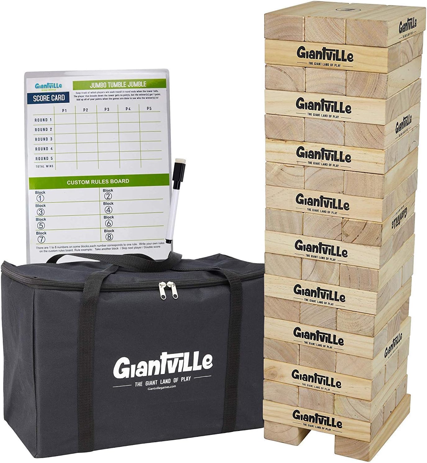 Giantville Giant Tumbling Timber Toy - STEAM-Credited Premium Pine Wood Blocks Tower - Indoor/Outdoor Yard Game for Kids & Adults - 56 Pieces + Carry Bag - Grows to Over 4 Feet