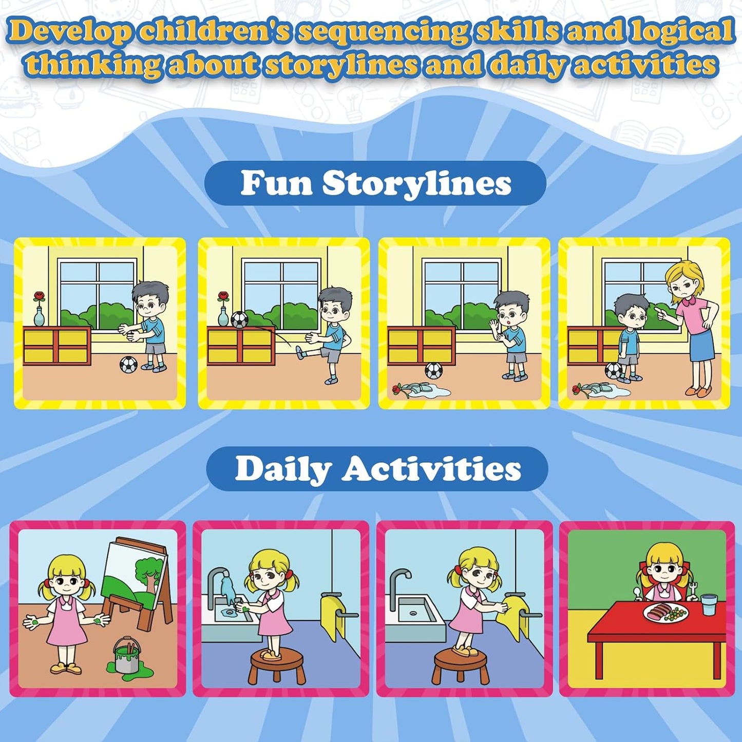 Kasfalci Sequencing Cards & Puzzles,Sequence Game for Kids,Speech Therapy for Autism,Improve Storytelling,Social Skills,Sentence Building,Preschool Learning Activities for Classroom & Homeschool