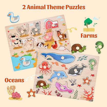 Wooden Peg Puzzles for Toddlers 1-3, 2 Pcs Montessori Puzzles, Animal & Sea Themes Puzzles, Great Preschool Educational Learning Gifts for Girls and Boys
