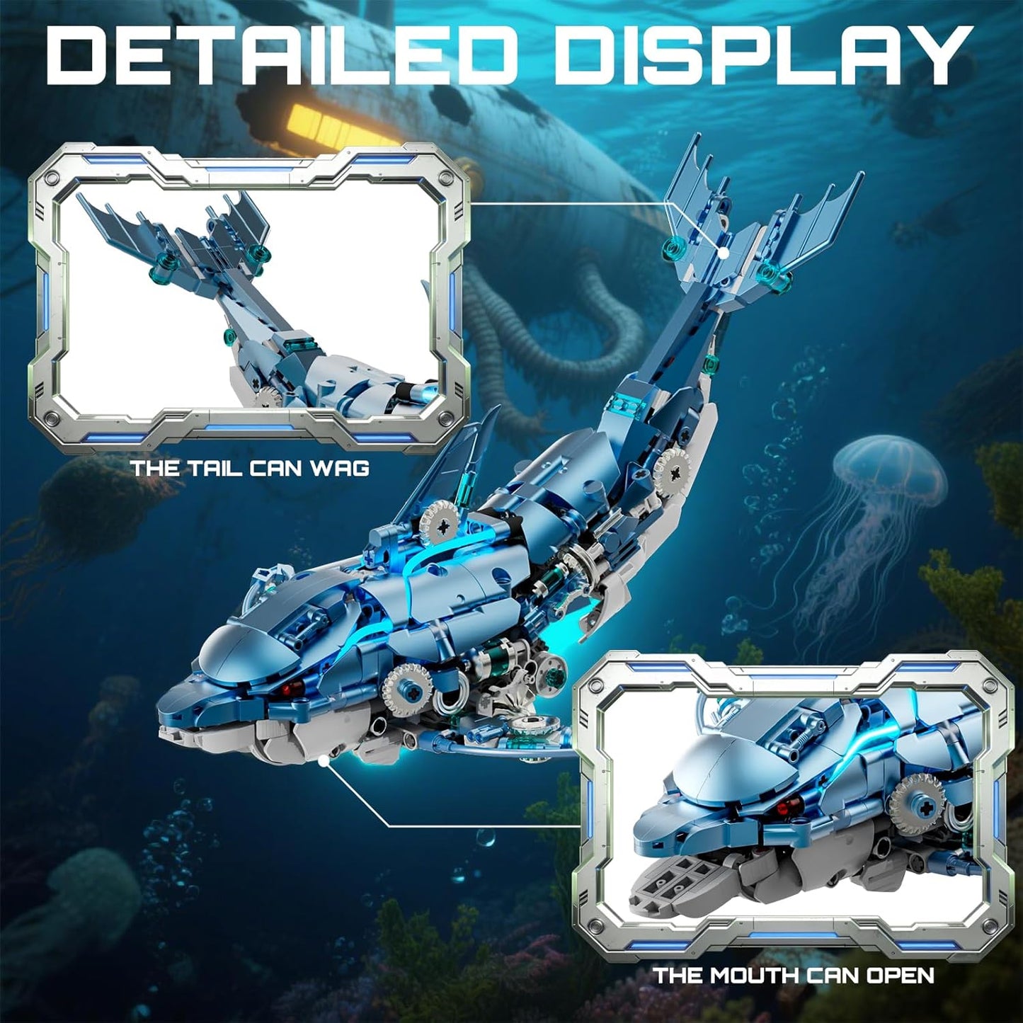 Mechanical Blue Dolphin Building Blocks Set Hand-Operated Motion, Detailed Gear Design, Display & Play Model Futuristic Ocean Animal Model