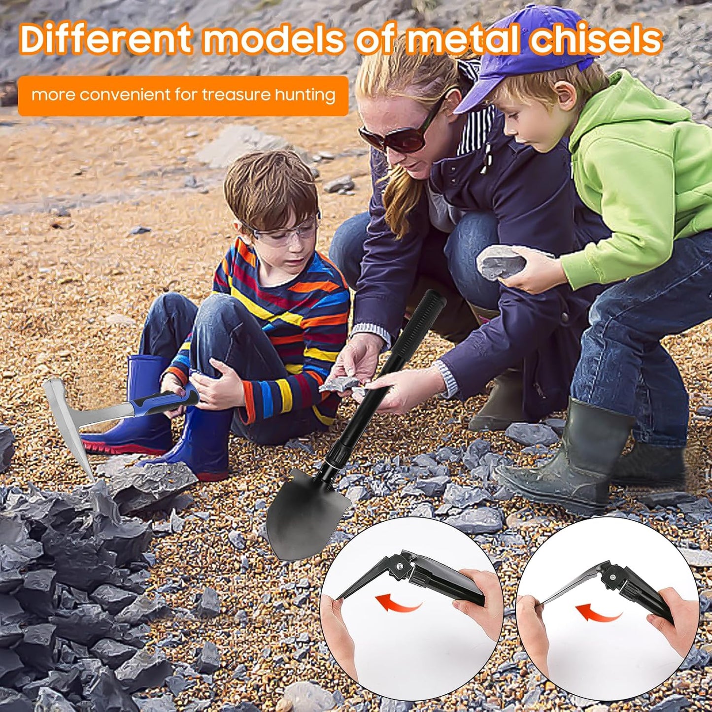 19 PCS Geology Rock Hammer Kit, 24oz Rock Pick Hammer, 3 Digging Chisels, Folding Shovel, Rock Hounding Tools with Brushes, Pocket Knife, Tweezers, Loupe, Goggles,Whistle, Shoulder Bag