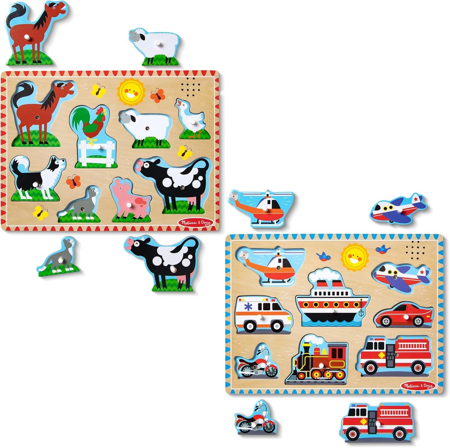 Melissa & Doug Wooden Light-Activated Sound Puzzle 2-Pack for Toddler and Preschool Boys and Girls – Farm Animals, Vehicles
