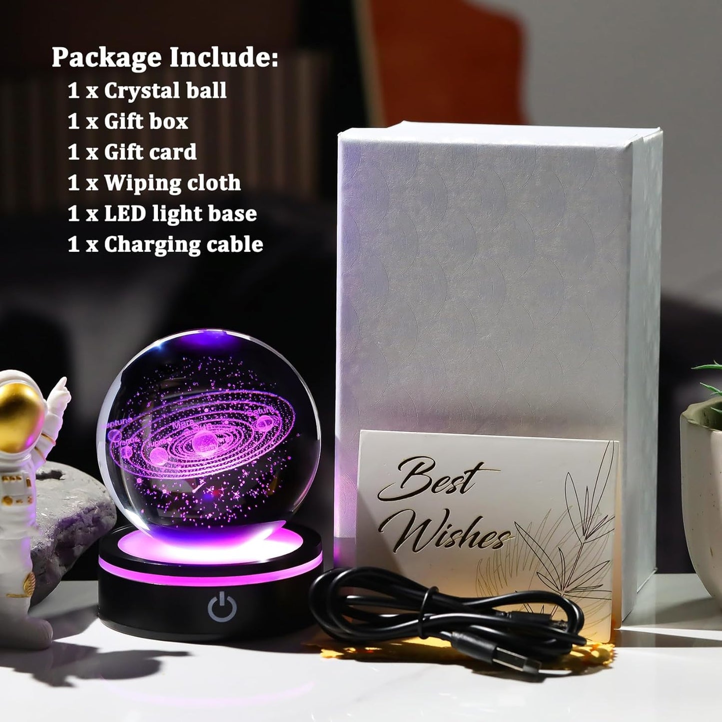 YWHL 3D Solar System Crystal Ball 80mm with Light Base, Laser Engraved Glass Planet Solar System Model Sphere Night Light Decor Space Universe Astronomy Gifts for Women Men Teens Boys and Girls