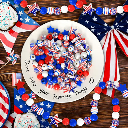 180Pcs 4th of July Wood Beads, Red Blue White Star Beads America Flag Patriotic Wooden Bead Independence Day Craft Bead Bulk for 4th of July DIY Garland Jewelry Making Home Decor