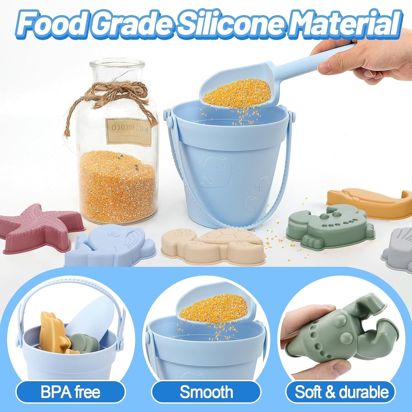 Biubee 9Pcs Silicone Sand Toys for Baby with Portable Beach Bag - Kids Beach Set with Beach Toy Molds Shovel Bucket Set - Toddler Sandbox Toys for Kids Outdoor Summer Playset