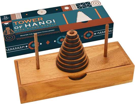 BSIRI Fun Puzzle Board Games Gifts of Hanoi Tower (9 Rings) with Wooden Designs for Brain Teasers Logic Games Kids and Adults to Challenges Mastermind Game and Think for Fun Learning Tower Puzzles
