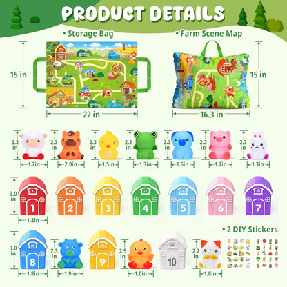 Montessori Toys for Toddlers 1 2 3 Years Old, Farm Animal Train Set with Counting Matching Sorting Activities 9 Barns, 10 Finger Puppets, 2 Stickers-Learning Toys for Baby Boys Girls, Preschool Gift