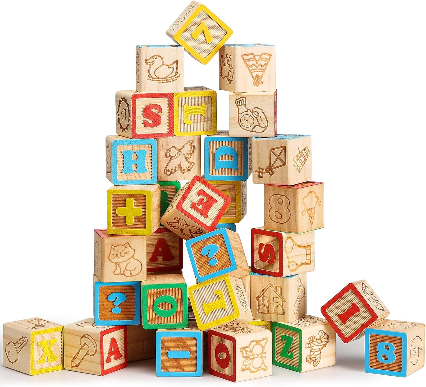 SainSmart Jr. Wooden Alphabet Blocks 1.73 Inch, 30Pcs Building Blocks Including Letters, Numbers and Animals, Montessori Wooden Blocks for Preschool Toddlers
