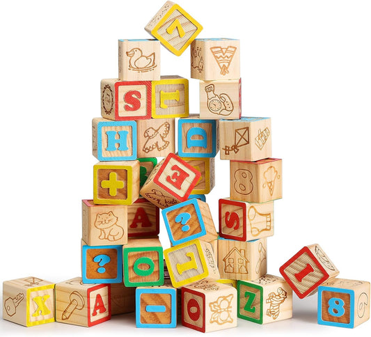 SainSmart Jr. Wooden Alphabet Blocks 1.73 Inch, 30Pcs Building Blocks Including Letters, Numbers and Animals, Montessori Wooden Blocks for Preschool Toddlers