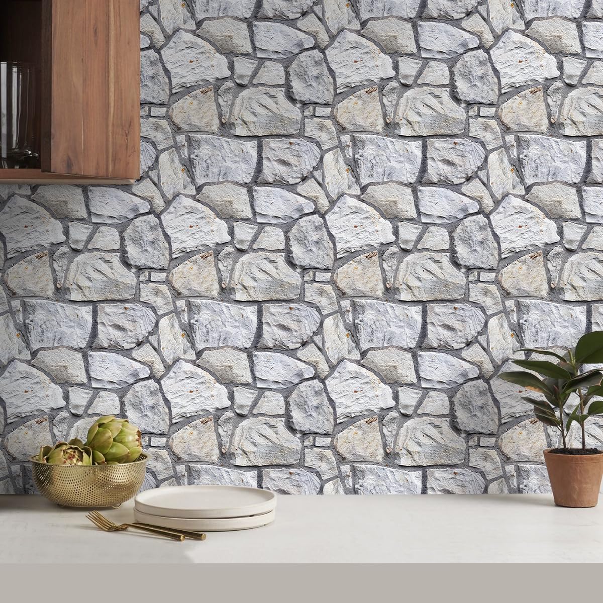 COMSTICKC 3D Faux Gray Stone Wall Sticker Peel and Stick Wall Panels,10 Pcs of 12"X12",Ultra-Light Thin PVC Decorative Tiles Rocks Stone Backsplash Interior Decor,Paintable