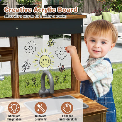 KOTEK Mud Kitchen with Canopy, Outdoor Play Kitchen with Removable Sink, Chalkboard, 4 Stoves, Cooking Accessories & Storage Cabinet, Wooden Toy Kitchen Playset for Kids Age 3+