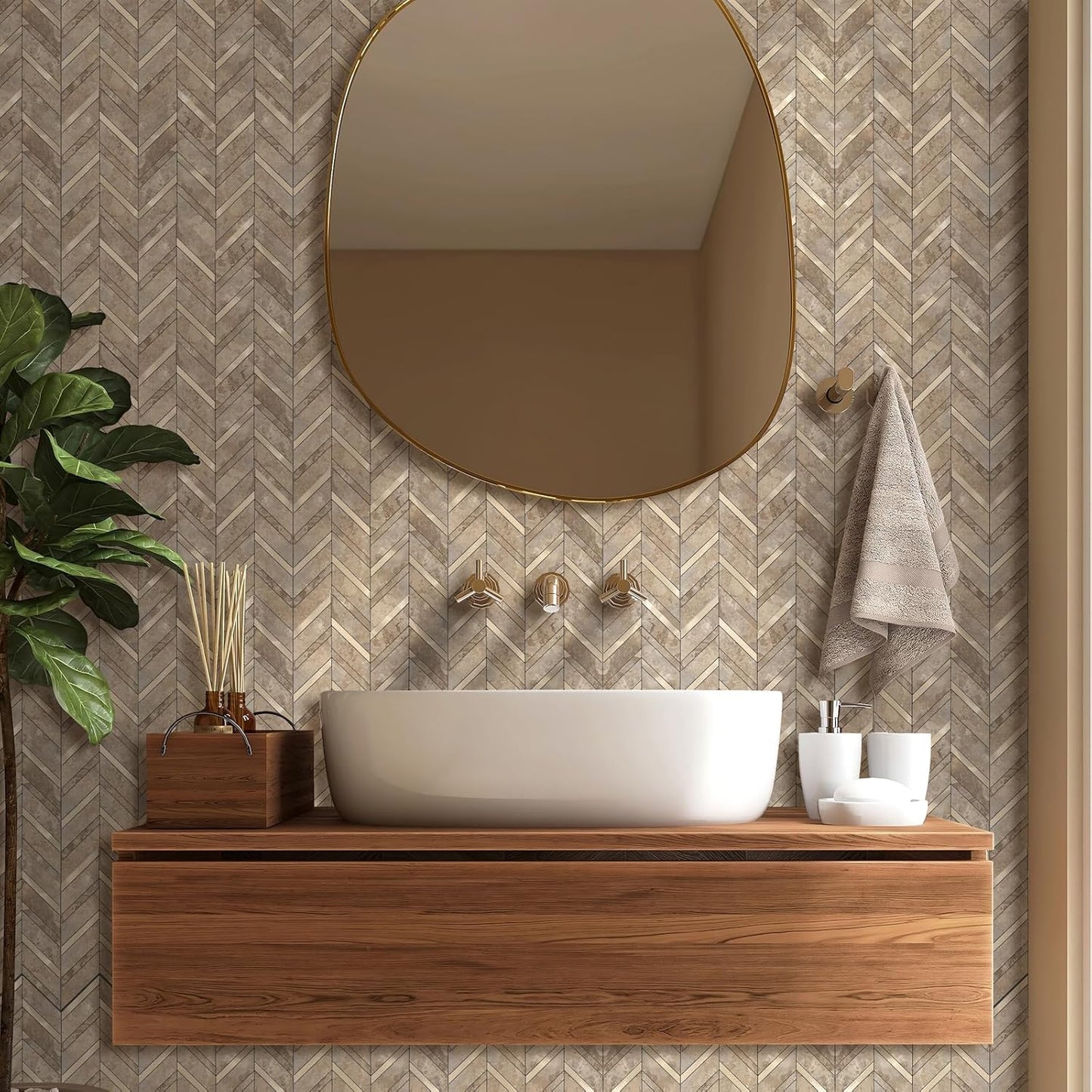 Yipscazo 10 Sheets Herringbone Backsplash Peel and Stick Tile, Marble Calacata Mixed Metal Gold PVC Stick on Backsplash for Kitchen, Waterproof Self Adhesive Wall Tile for Bathroom