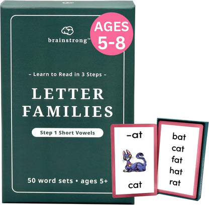 Phonics Step 1 - Short Vowels | Learn to Read Kindergarten /1st Grade | Ages 5-7 | Brainstrong 50 Letter Families Flashcards