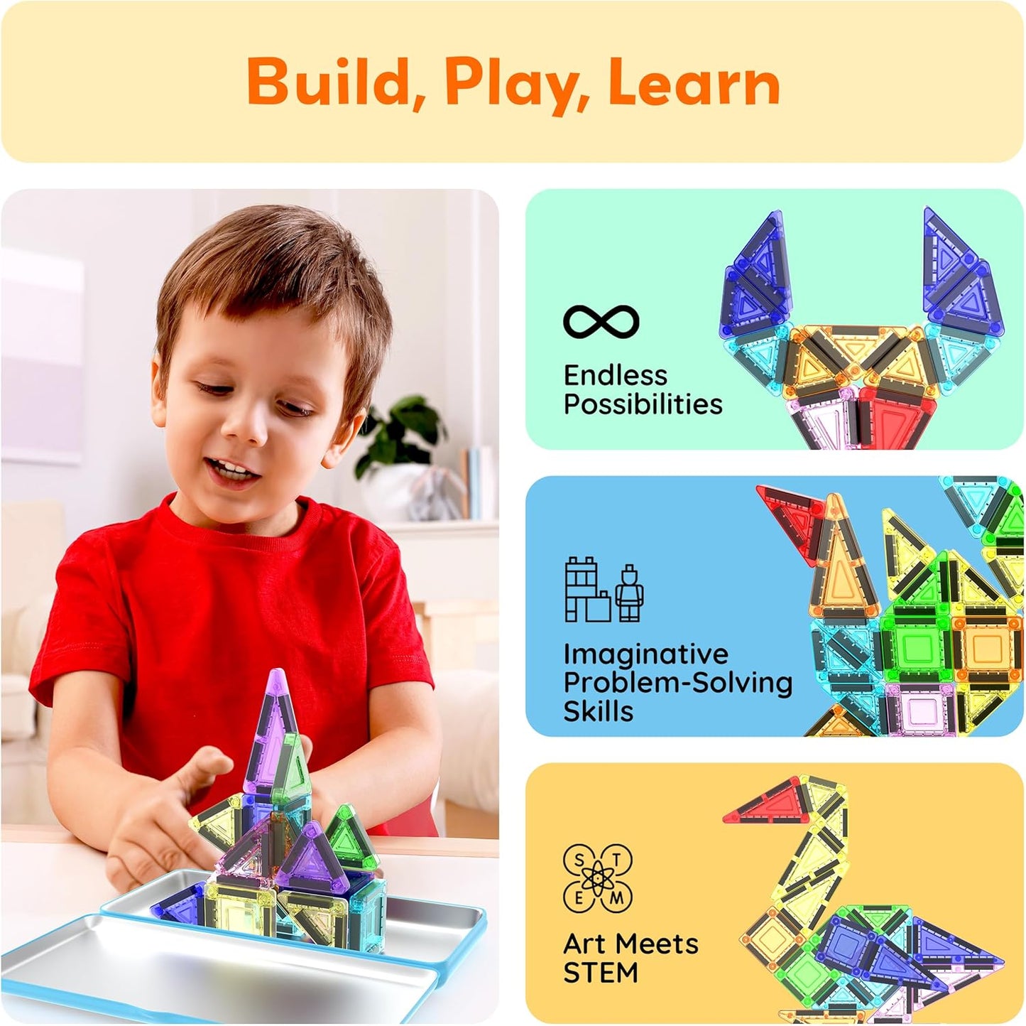 PicassoTiles 80 PCs Magnetic Tiles Travel Size Mini Version Building Block Construction Set for Kids Great Gift Ages 3+ Boys & Girls Preschool Kindergarten Montessori Playing Toys Stacking Fun PTM80